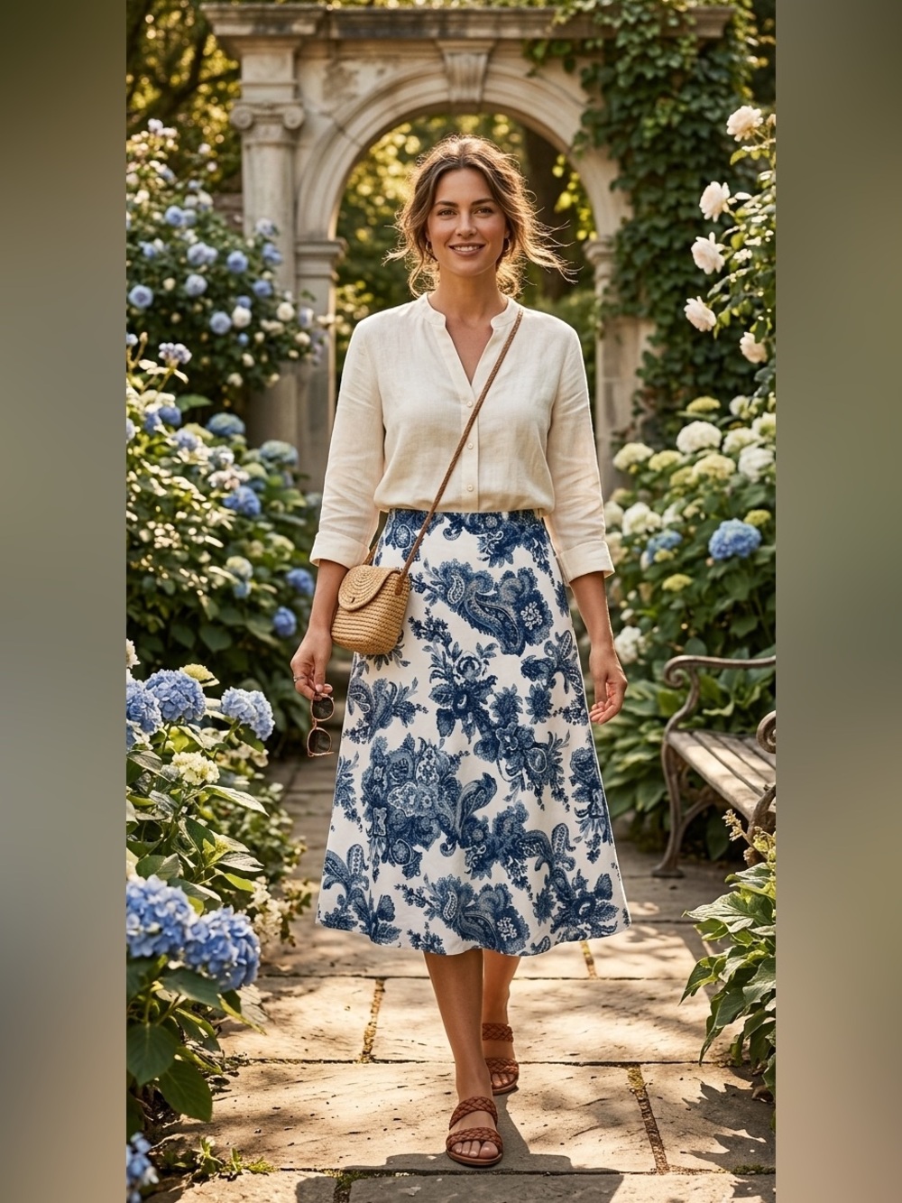 NWT Liz & Co || Women’s casual blue and white print skirt size 12